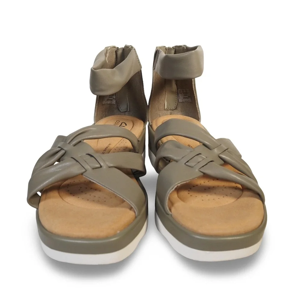 Clarks Clara Rae Wedge Sandals Womens 8.5M Olive Green Ankle Strap 61415466